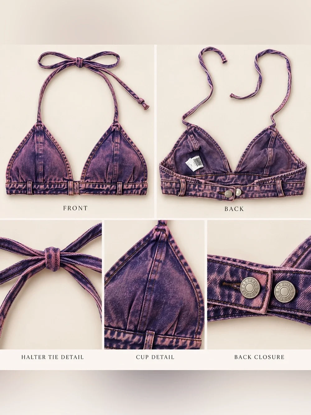 Purple Acid Wash Denim Halter Top